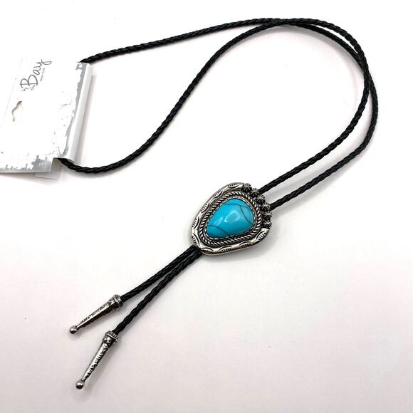 by the Bay New York Other - by the Bay Men Western Bolo Tie Robe Necktie Black Faux Leather Turquoise Stone